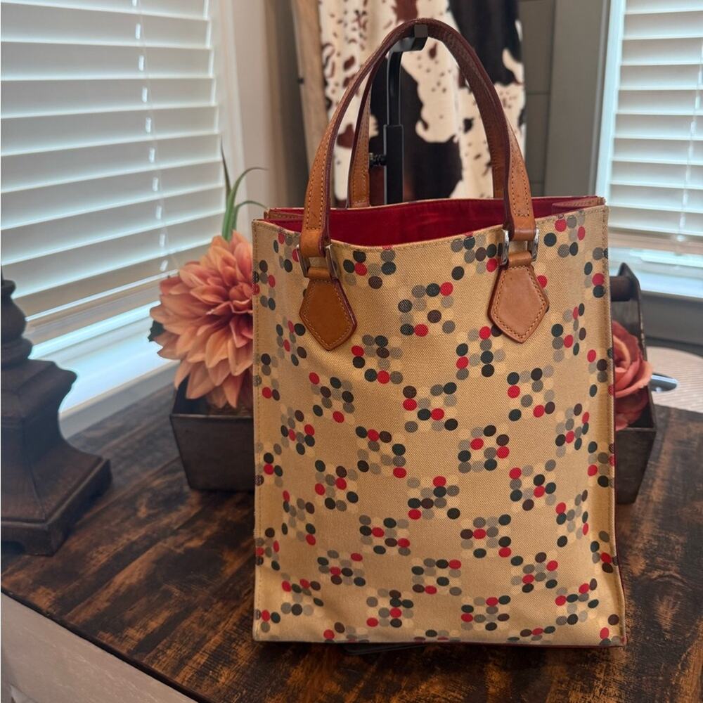 Burberry Blue Label Dot-Print Tote Bag in Beige with Camel leather accents
